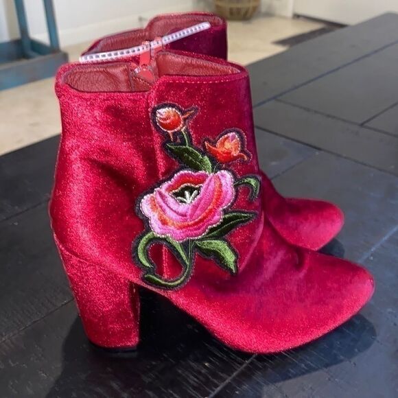 Hot Kiss Shoes - New Red Velvet Floral Booties Y2K Boho Chic Witchycore